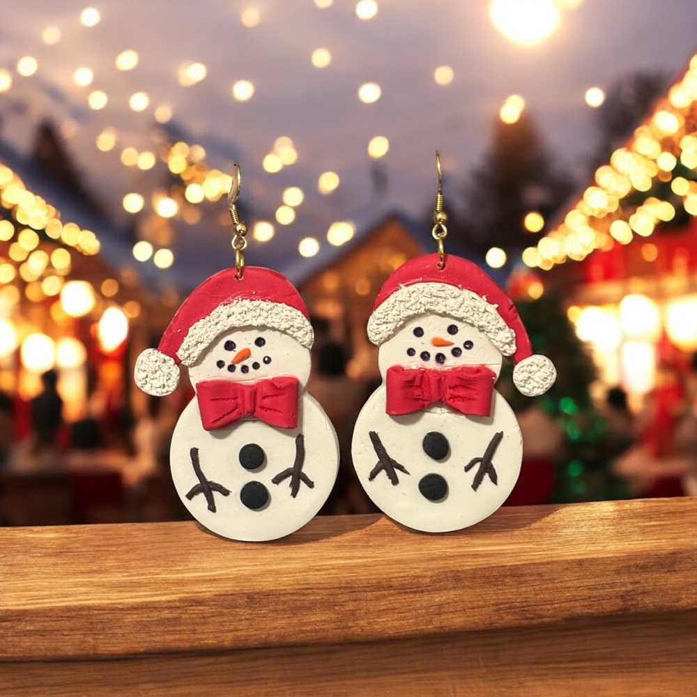 Polymer clay Festive Snowman Earrings - Red and White